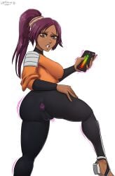 anal anal_object_insertion artist_logo ass ass_focus bleach buttplug cellphone cropped_legs dark-skinned_female dark_skin legs lustysun mature_female object_insertion phone pussy sex_toy shihouin_yoruichi vibrator white_background