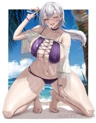 1girls anti_kumo azur_lane beach bikini breasts female huge_breasts large_breasts light-skinned_female light_skin long_hair naughty_face outdoors reno_(azur_lane) smile thick_thighs white_hair