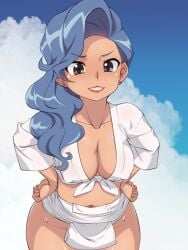 1girls bakugan bakugan_battle_planet big_breasts blue_hair blue_sky blush_lines cleavage cloud cowboy_shot curvy_female day daytime facing_viewer female female_only front-tie_top fundoshi grin hands_on_hips happi_(clothing) japanese_clothes leaning_forward legs_together light_blush lipstick long_hair looking_at_viewer mature_female medium_breasts midriff milf mom_bod navel nipples_covered no_bra outdoors photo_background shiny_skin sky sky_background solo standing straight-on stud_earrings tied_shirt traditional_clothes veronica_venegas white_fundoshi white_shirt yamakasa yashiro_toshimi