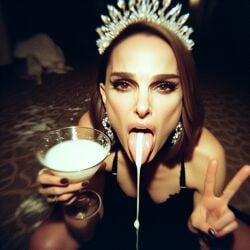 8etter_than_u ai_generated artist_request celebrity cum_in_container cum_in_glass cum_in_mouth diadem dress gokkun light-skinned_female looking_at_viewer makeup nail_polish natalie_portman peace_sign self_upload tongue_out