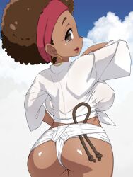 1girls afro backboob bakugan bakugan_battle_planet big_ass big_breasts blue_sky cloud cowboy_shot curvy_figure dark-skinned_female dark_skin day daytime earrings from_behind fundoshi happi happi_(clothing) headband hoop_earrings japanese_clothes legs_together looking_at_viewer looking_back mature_female medium_breasts midriff milf mom_bod olivia_styles outdoors photo_background shiny_skin side_mouth sky sky_background solo standing traditional_clothes viewed_from_behind yamakasa yashiro_toshimi