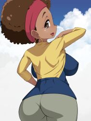 1girls afro bakugan bakugan_battle_planet big_ass big_breasts blue_shirt blue_sky cardigan cloud cowboy_shot curvy_figure dark-skinned_female dark_skin day daytime earrings female female_only from_behind fully_clothed fully_clothed_female headband hoop_earrings legs_together looking_at_viewer looking_back mature_female medium_breasts milf olivia_styles olivia_styles_(bakugan_battle_planet) outdoors pants photo_background shirt side_mouth sky sky_background solo standing viewed_from_behind yashiro_toshimi yellow_cardigan