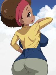 1girls afro bakugan bakugan_battle_planet big_ass big_breasts blue_shirt blue_sky cardigan cloud cowboy_shot curvy_figure dark-skinned_female dark_skin day daytime earrings female female_only from_behind fully_clothed fully_clothed_female headband hoop_earrings legs_together looking_at_viewer looking_back mature_female medium_breasts milf mom_bod olivia_styles outdoors pants photo_background shirt side_mouth sky sky_background solo standing viewed_from_behind yashiro_toshimi yellow_cardigan