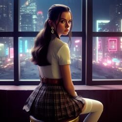 ai_generated at_night belt brown_belt celebrity city_background cityscape daisy_ridley earrings looking_at_viewer neon_lights plaid_skirt pleated_skirt school_uniform schoolgirl schoolgirl_uniform self_upload sitting_on_chair thighhighs white_legwear white_stockings white_thighhighs window