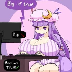 clothed clothed_female computer huge_breasts patchouli_knowledge purple_eyes purple_hair ribbon striped_clothing touhou zedrin