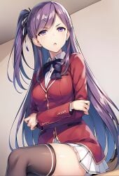 1girls ai_generated arms_crossed_under_breasts classroom_of_the_elite female kamuro_masumi leggings looking_at_viewer pale-skinned_female plain_background purple_eyes purple_hair red_blazer sitting solo_female solo_focus white_skirt youkoso_jitsuryoku_shijou_shugi_no_kyoushitsu_e