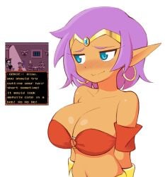 1girls 2023 bare_shoulders big_breasts blue_eyes blush breasts_bigger_than_head brownish_hare busty cleavage female genie huge_breasts pointy_ears purple_hair shantae shantae_(character) short_hair tagme top_heavy