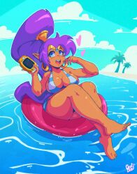 2023 ass benbeau bikini blue_eyes breasts brown_body brown_skin cleavage clothed clothing cloud day ear_piercing ear_ring feet female fingers gameboy_advance genie hair heart hi_res humanoid humanoid_feet humanoid_hands humanoid_pointy_ears long_hair looking_at_viewer nintendo not_furry open_mouth open_smile palm_tree piercing plant plantigrade ponytail purple_hair ring_piercing shantae shantae_(character) signature smile solo swim_ring swimwear toes tree water wayforward