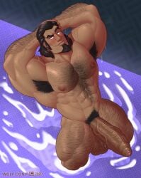 1boy armpit_hair artist_name avatar_legends balls bara beard big_penis blush body_hair boner chest_hair erection facial_hair hands_behind_head male male_only muscles muscular nude partially_submerged penis solo solo_male the_legend_of_korra tonraq water water_tribe wet wolf_con_f