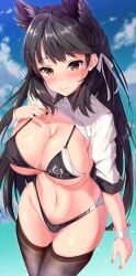 1girls alternate_costume atago_(azur_lane) atago_(stunning_speedster)_(azur_lane) azur_lane belly_button bikini breasts cleavage cowboy_shot curvy english_text female female_only fukuda_shuushi huge_breasts japanese_text large_breasts legwear light-skinned_female light_skin ocean official_alternate_costume sakura_empire_(azur_lane) shirt_lift smile solo text