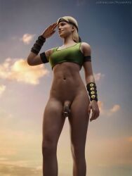 1futa 3d condom condom_on_penis flaccid flaccid_penis futa_only futanari half-dressed mortal_kombat mortal_kombat_1_(2023) nyxenartz smile smiling solo sonya_blade