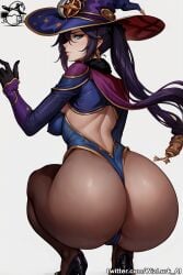 ai_generated ass ass_focus big_ass bottom_heavy female genshin_impact gloves hat high_heels highleg huge_ass large_ass leotard long_hair long_sleeves looking_at_viewer looking_back mihoyo mona_(genshin_impact) solo squatting thighs thong_leotard twintails witch_hat wizlurk_ai