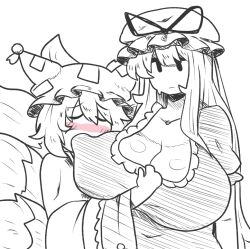 2girls big_breasts bite biting biting_breast blush breast_biting breast_sucking breast_sucking_through_clothes breastfeeding breasts breasts_sucking chewing chewing_breast cleavage closed_eyes clothed_female doodle expressionless female_pervert fox_tail funny hat huge_breasts kitsune long_hair mature_female multi_tail nipple_bulge no_color notnoe_(dxcl) ran_yakumo sharp_teeth sharp_teeth_on_breast sucking sucking_nipples sweat tail tails touhou yukari_yakumo yuri