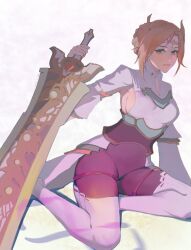 1girls alexandria_(xenoblade) armpits black_legwear boots braid breasts brown_hair busty cleavage curvy female female_only french_braid green_eyes hair_bun highres holding_sword holding_weapon hourglass_figure japanese_clothes kimono legwear long_hair long_sleeves medium_breasts monolith_soft nintendo sideboob slim_waist sword tangmen_igo teenage_girl teenager thick_thighs thigh_boots thighhighs thighs voluptuous white_boots white_kimono white_thighhighs wide_hips xenoblade_(series) xenoblade_chronicles_3