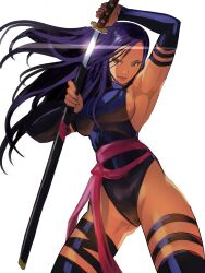 1girls arm_strap arm_straps armpit ass_visible_through_thighs blue_arm_strap blue_elbow_gloves blue_leotard blue_thigh_strap blue_thighhighs confident confident_smile elbow_gloves holding_katana holding_sword holding_weapon katana leotard light-skinned_female light_skin long_hair long_hair_female marvel meke ninja pink_sash psylocke purple_armwear purple_clothing purple_hair purple_leotard sash sideboob simple_background smile solo solo_female sword thigh_strap thigh_straps thighhighs thighs twitter_link unsheathing weapon white_background x-men