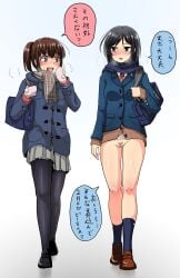 2girls bag blush bottomless guglielmo japanese_text mittens multiple_girls original pantyhose pubic_hair pussy scarf school_bag school_uniform shoes socks translated walking