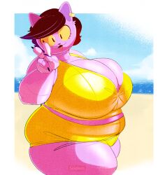 2023 4_fingers anthro beach belly big_breasts black_hair breasts catty_(undertale) cleavage cleavage_overflow clothed clothing cloud domestic_cat ear_piercing fangs felid feline felis female fingers fur gesture hair hi_res huge_breasts looking_at_viewer mammal open_mouth outside overweight_anthro overweight_female piercing purple_body purple_fur seaside seldom solo swimwear teeth undertale undertale_(series) v_sign water yellow_sclera