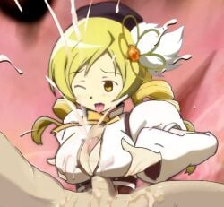 1boy 1girls accurate_art_style blonde_hair breasts cleavage cum cumshot edit edited_screencap ejaculation ejaculation_between_breasts hat large_breasts mahou_shoujo_madoka_magica mizunezumi_haru paizuri puella_magi_madoka_magica straight tomoe_mami yellow_eyes