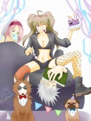 1boy 2girls assertive_female before_sex birthday birthday_cake birthday_party black_eyes blonde_female blonde_hair blue_eyes boots bra cherry cleavage covered_face cowgirl_position dogs female fishnet fishnets food_play green_eyes grin hatake_kakashi jacket_open male multiple_girls naruko naruto naruto_(series) naruto_shippuden open_jacket pigtails pink_hair playful playful_smile sakura_haruno scar sexy_no_jutsu shorts silver_hair sitting_on_person stockings stockings_thigh_highs straddle straddling taking_picture tights tired_eyes twintails uzumaki_naruto whisker_markings wink