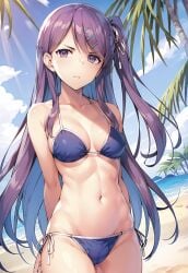 1girls ai_generated beach_background classroom_of_the_elite female kamuro_masumi looking_at_viewer purple_eyes purple_hair solo_female solo_focus swimsuit swimwear youkoso_jitsuryoku_shijou_shugi_no_kyoushitsu_e