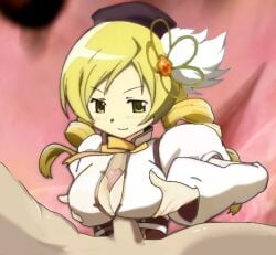 1boy 1girls accurate_art_style blonde_hair breasts cleavage edit edited_screencap hat large_breasts mahou_shoujo_madoka_magica mizunezumi_haru paizuri puella_magi_madoka_magica straight tomoe_mami yellow_eyes