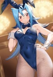 1girls ai_generated blue_hair blush bunny_ears bunnysuit eroeroai female kamishiro_rio long_hair looking_at_viewer nervous red_eyes rio_kamishiro solo yu-gi-oh! yu-gi-oh!_zexal