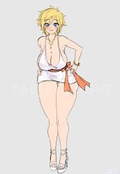 1girls bare_legs blonde_hair blue_eyes blush cleavage dress eyebrows_visible_through_hair genderswap_(mtf) high_heels jaune_arc jewelry large_breasts minidress necklace pinup rule_63 rwby short_hair solo solo_female tabletknight