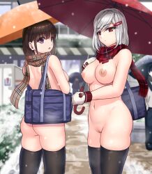 2girls ass bag black_thighhighs breasts casual casual_nudity exposed_torso female handwear human legwear looking_at_viewer multiple_girls naked_scarf navel neckwear nipples niwano_7hoshi nude original pale_skin public public_nudity pussy sakiyama_kyouka scarf school_bag seto_kanon snow snowing thighhighs umbrella winter zenra