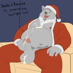 absurd_res anthro balls beard big_balls big_penis bodily_fluids canid canine canis chest_fur christmas christmas_clothing christmas_headwear chubby_male clothed clothing costume cum cumshot ejaculation facial_hair fur furniture genital_fluids genitals grey_body grey_fur hat headgear headwear hi_res holidays male mammal netiscraft netiscraft older_male open_mouth partially_clothed penis santa_claus santa_costume santa_hat slightly_chubby sofa solo wolf