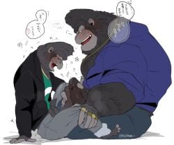 anthro ape big_daddy_(sing) blush blush_lines bodily_fluids bottomwear bottomwear_down chains clothed clothing dripping duo gay genital_fluids genitals gold_(metal) gold_chain gold_jewelry gold_ring gorilla haplorhine hi_res hyaku_(artist) illumination_entertainment jewelry johnny_(sing) male male_only mammal masturbation muscular muscular_male pants pants_down partially_clothed penis precum precum_drip primate sing_(movie)