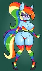 bikini choker embarrassed friendship_is_magic high_heels leggings lipstick my_little_pony nelljoestar ponytail pride_colors rainbow_clothing rainbow_dash_(mlp) rainbow_hair red_choker solo