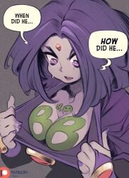 1girls beast_boy breasts canon_couple cleavage clothes_pull couple creux dc english_text female garfield_logan large_breasts lefauxcreux nervous_sweat prank purple_eyes purple_hair purple_nail_polish purple_nails rachel_roth raven_(dc) short_hair speech_bubble speechless surprised sweatdrop tagme teen_titans