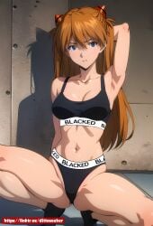 1girls ai_generated armpits asuka_langley_sohryu athletic athletic_female blacked blacked_clothing blue_eyes dittoseeker female female_only hair_ornament long_hair looking_at_viewer neon_genesis_evangelion neopn_genesis_evangelion one_arm_up orange_hair red_hair self_upload serious skinny small_breasts solo solo_female spread_legs squatting underwear