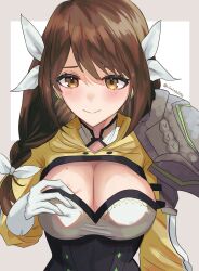 1girls 2sirokma0930 armor artist_name black_corset blush braid braided_ponytail breasts brown_eyes brown_hair cleavage cleavage_cutout closed_mouth clothing_cutout corset deep_skin female female female_only fire_emblem fire_emblem_engage gloves goldmary_(fire_emblem) hair_ornament hair_ribbon hand_on_own_chest highres hooded_top large_breasts looking_at_viewer mole mole_on_breast nintendo ribbon shoulder_armor side_braid smile solo twitter_username white_gloves white_ribbon yellow_eyes