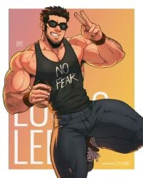 1boy 2023 armpit_hair bara barazoku beard_stubble biceps black_hair bulge clothing facial_hair gay hairy hairy_arms looking_at_viewer lucas_lee male male_focus male_only manly muscular_arms muscular_male pecs scott_pilgrim solo solo_male tight_clothing yaoi yeiko_art