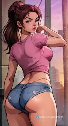 ai_generated aim_patreon ass breasts brown_eyes casual denim female hispanic latina long_hair looking_at_viewer looking_back lucia_(gta) pink_shirt ponytail puerto_rican rear_view short_shorts solo_female standing t-shirt thighs