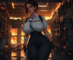 ai_generated brown_hair female fire firefighter firefighter_uniform indoors large_breasts stable_diffusion uniform