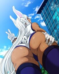 1girls ass breasts brown_skin bubble_butt dark-skinned_female dark_skin female hero_outfit_(mha) hi_res huge_ass huge_breasts kaw3r kawery long_hair low-angle_view miruko my_hero_academia outdoors rabbit_ears red_eyes rumi_usagiyama thick_thighs white_hair