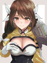 1girls 2sirokma0930 armor artist_name black_corset blush braid braided_ponytail breasts brown_eyes brown_hair cleavage cleavage_cutout closed_mouth clothing_cutout corset deep_skin female female_only fire_emblem fire_emblem_engage gloves goldmary_(fire_emblem) hair_ornament hair_ribbon hand_on_own_chest highres hooded_top large_breasts looking_at_viewer mole mole_on_breast nintendo revision ribbon shoulder_armor side_braid smile solo twitter_username white_gloves white_ribbon yellow_eyes