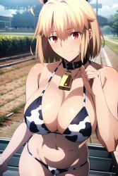 1girls ai_generated arcueid_brunestud bikini blonde_hair collar cow_costume cow_print cow_print_bikini day facing_viewer fate/grand_order fate_(series) female full_body large_breasts looking_at_viewer male_pov nai_diffusion outdoors pov red_eyes short_hair solo squatting stable_diffusion tsukihime