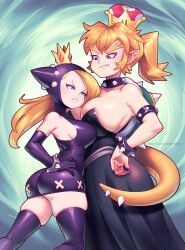 2girls angry angry_face ass black_thighhighs blonde_hair blue_eyes bowsette breast_size_difference breasts_to_breasts crown dress female female_only hands_on_hips height_difference hi_res light-skinned_female long_hair looking_at_each_other mario_(series) mario_tennis minidress new_super_mario_bros._u_deluxe nintendo oerba_yun_fang pointy_ears red_eyes rivalry spiked_armlet spiked_bracelet spiked_collar super_crown supersatanson tail thick_thighs thigh_squish thighhighs very_high_resolution wapeach