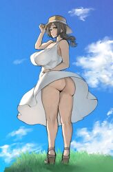 1girls 2017 arm_up armpits ass bare_arms bare_shoulders big_ass braid breasts brown_eyes brown_hair clothing cloud dress dress_lift exhibitionism female female_only full_body going_commando grass hand_on_hat hand_on_hip hat high_heels highres kneepits large_breasts looking_at_viewer looking_back matching_hair/eyes mature_female nipple_bulge no_panties original outdoors pepe_(jonasan) ponytail single_braid sky solo standing summertime_lady_(pepe_(jonasan)) sun_hat sundress tied_hair tight_clothing white_dress wind_lift