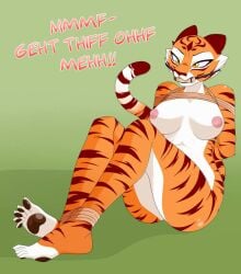 angry anthro big_breasts bit_gag bondage fangs feet furry gag gagged_speech kung_fu_panda master_tigress rope_bondage text tiger tigress toe_claws yellow_eyes