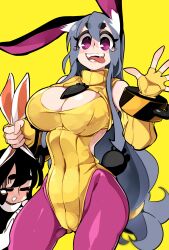 1girls absurd_res big_breasts bongfillstudent bunny_ears bunny_girl bunny_industry_(bongfillstudent) bunny_tail bunnysuit cleavage_cutout female greeting grey_hair long_hair looking_at_viewer pantyhose purple_eyes purple_pantyhose simple_background smiling smiling_at_viewer tank_bunny_(bongfillstudent) tongue_out wrist_cuffs yellow_background