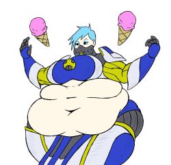 bbw belly_bigger_than_head belly_exposed black_sclera blue_eyes blue_hair breasts_bigger_than_head cyborg cyborg_girl facemask fat_belly fat_breasts fat_hips female frost_(mortal_kombat) huge_belly ice_cream ice_cream_cone large_breasts midriff_showing mizz-britt mortal_kombat mortal_kombat_11 obese obese_female ssbbw strawberry_ice_cream wide_hips