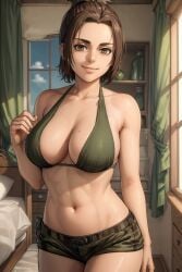 adult aged_up ai_generated attack_on_titan bedroom belly belly_button big_bottom_lip big_breasts brown_hair camo curvy eye_contact female female_only gabi_braun hourglass_figure human light-skinned_female looking_at_viewer shingeki_no_kyojin smiling_at_viewer solo standing swimwear toned_stomach upper_body