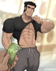 1boy 2023 bara barazoku beard_stubble big_bulge black_hair bulge clothing gay huge_bulge kaito_draws looking_at_viewer lucas_lee male male_focus male_only manly muscular_male penis penis_outline scott_pilgrim shirt_lift solo solo_male sweatpants tight_clothing yaoi