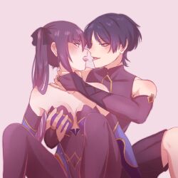 blue_eyes blue_hair blush breast_grab breast_squeeze choke_hold choking clothed genshin_impact grabbing grabbing_breasts hand_on_breast hoyoverse mona_(genshin_impact) naysucc open_mouth purple_hair saliva_trail scaramouche_(genshin_impact) sitting smirk straight tongue_out twintails