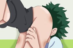 1boy 1boy1girl 1girls bite_mark_on_ass bite_mark_on_leg bite_mark_on_thigh bite_marks black_tank_top boku_no_hero_academia cunnilingus eating_pussy grabbing_leg grabbing_thigh green_hair izuku_midoriya light_skin midoriya_izuku my_hero_academia no_panties ochako_uraraka simple_background unseen_female_face uraraka_ochako