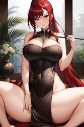 ai_generated asian_clothing big_breasts black_dress blush breasts cleavage commentary_request curvaceous curvy earrings female female_only flower hands_on_thighs hourglass_figure huge_breasts lia_the_busty_redhead long_hair looking_at_viewer orange_eyes original original_character ponytail red_hair seductive seductive_look self_upload sitting spread_legs tagme thick_thighs thighs tied_hair voluptuous voluptuous_female wanting_sex